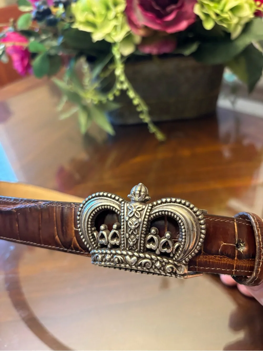Brighton Brown Leather Belt with Silver Crown Buckle
